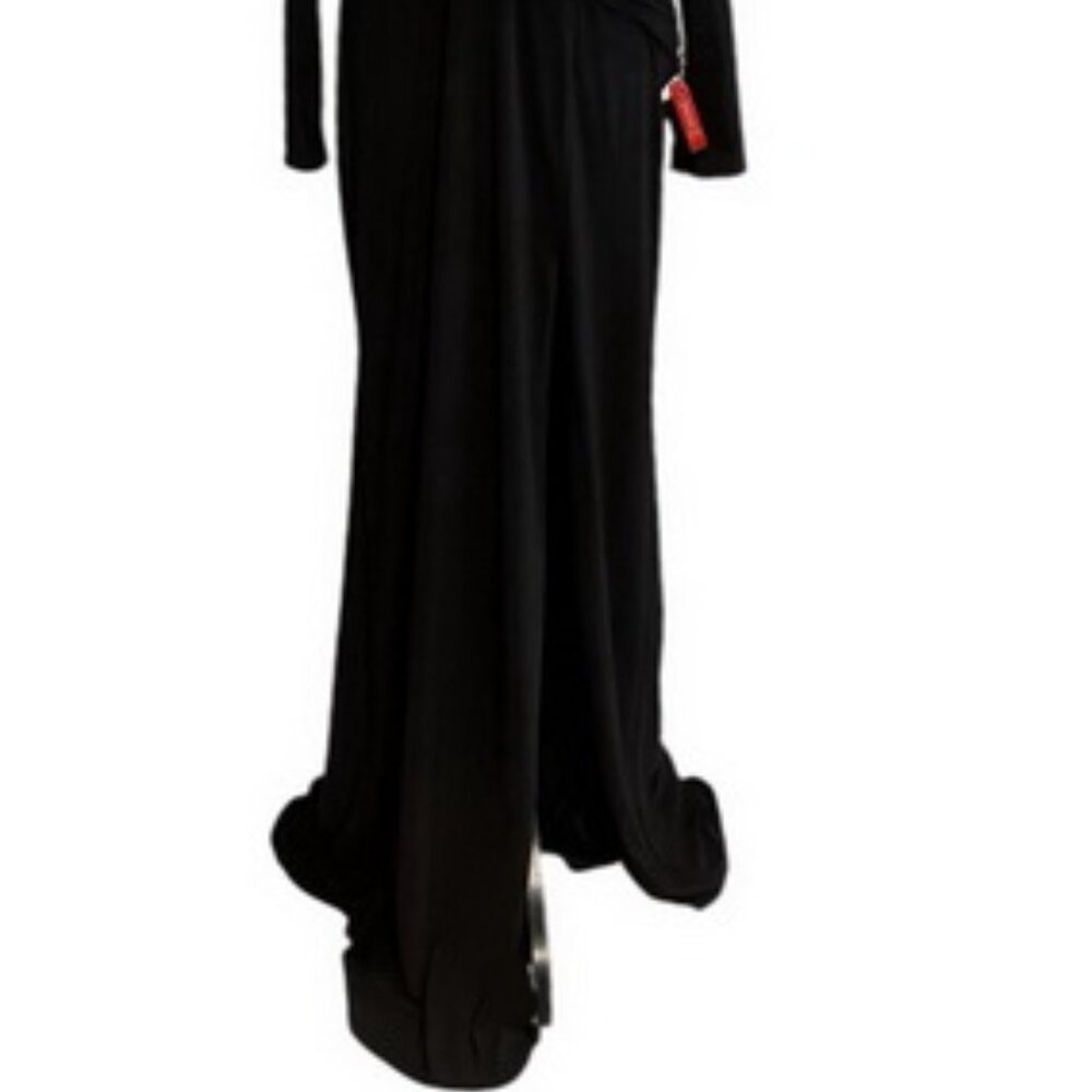 Mac Duggal Black Long Sleeve Wrap Front Side Beaded Fringe Gown - Picture 2 of 5